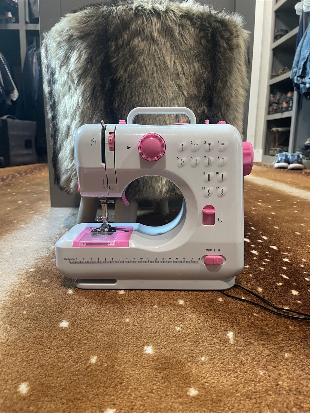 Compact White and Pink Mini Sewing Machine